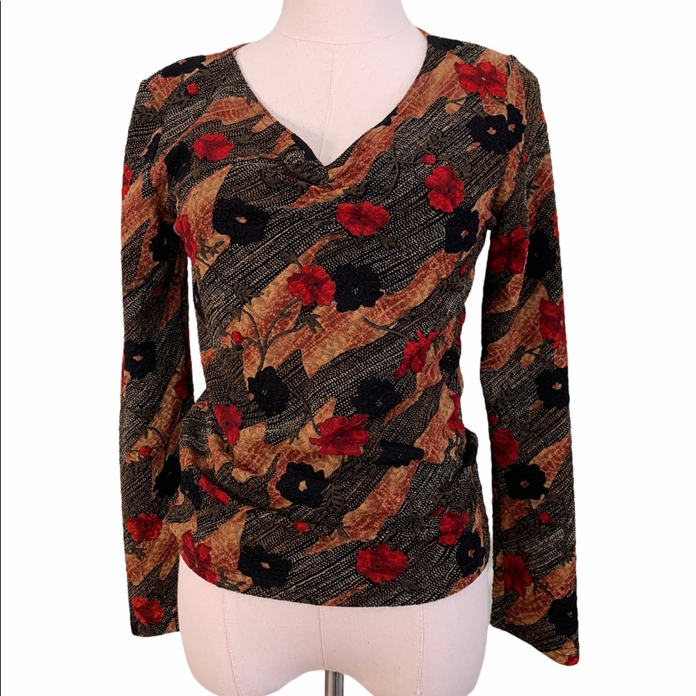 Vintage Floral Patterned Long Sleeve Stretch Top